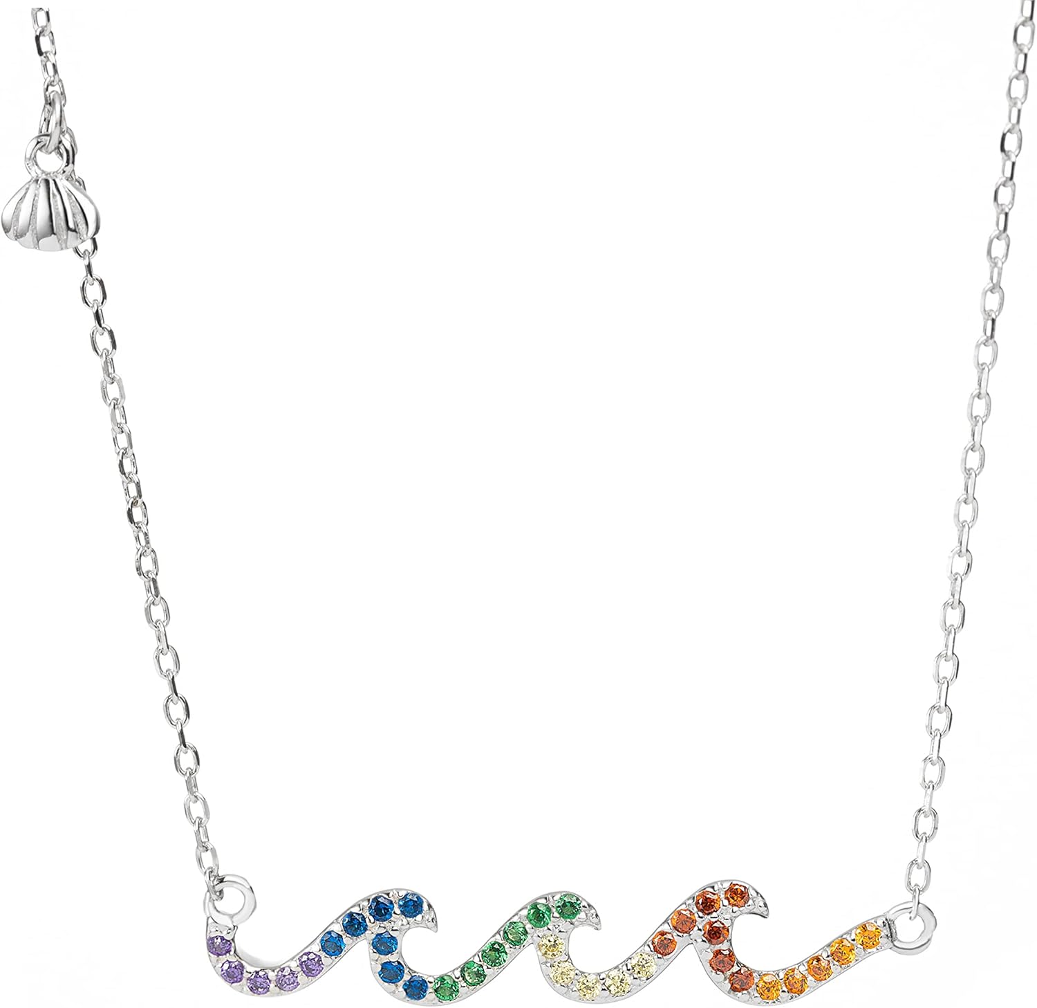 925 Sterling Silver 14K Gold Plated Cubic Zirconia Three Ocean Wave Necklace Pendant with 16+2" Extender Link Chain, Nickel Free Hypoallergenic for Sensitive Skin