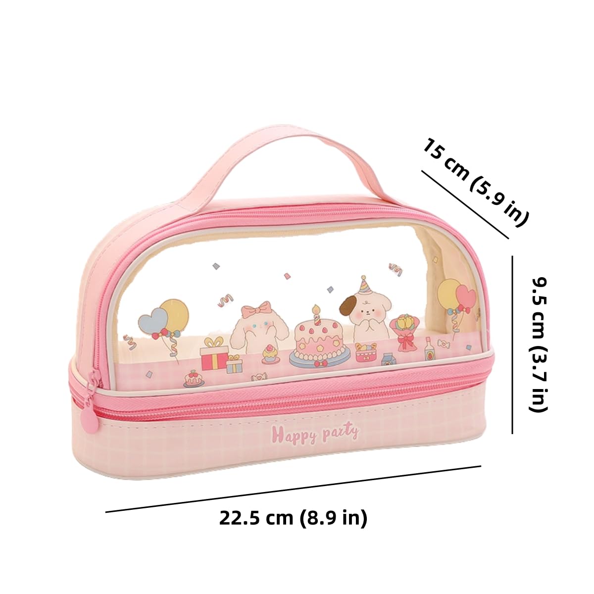 Bunny Pencil Pouch w/Handle Rabbit Kitten Bear Puppy Pen Case Cosmetic Bag Clear Case Transparent Waterproof (Cake-Pink)