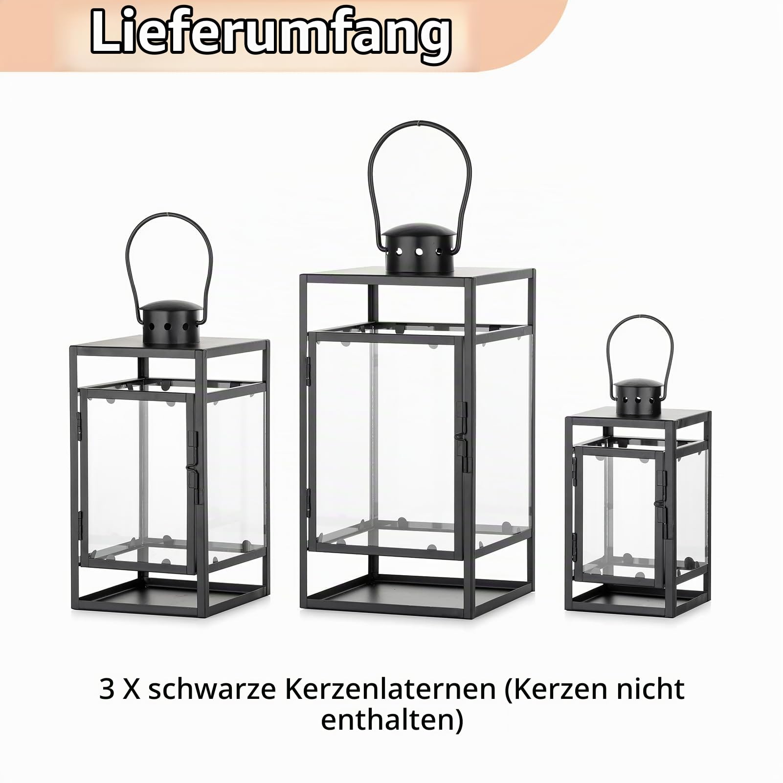 NUPTIO Laternen Set Schwarz für Kerze: 33/26/20cm Hoch Metall Laterne Deko Outdoor Groß Friedhof Wetterfest Kerzenlaterne Draußen Garten Kerzenhalter Windlicht Gartenlaterne Grablaterne