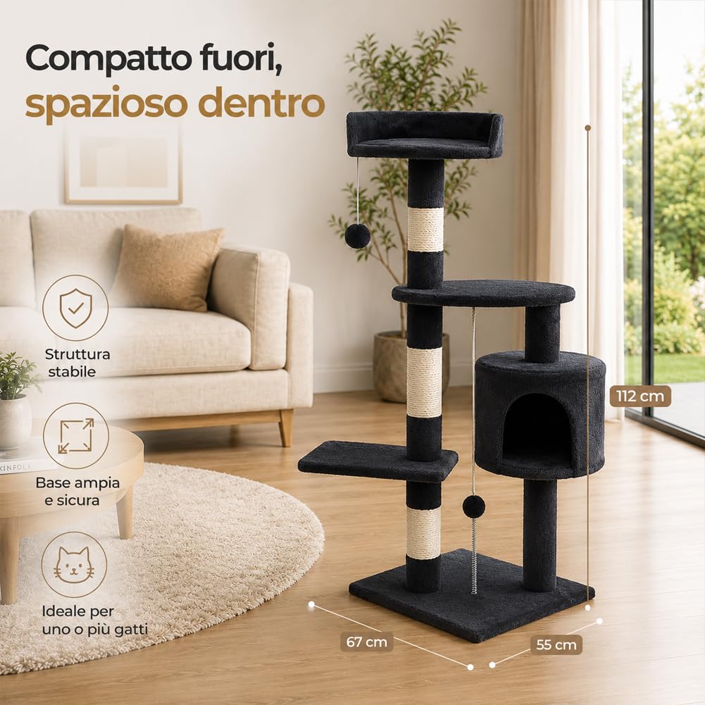 Bakaji Árbol Rascador Sisal para Gatos con Nidos y Plataformas Bolas de Juego Dimensiones 112 x 67 x 55 cm Color Gris