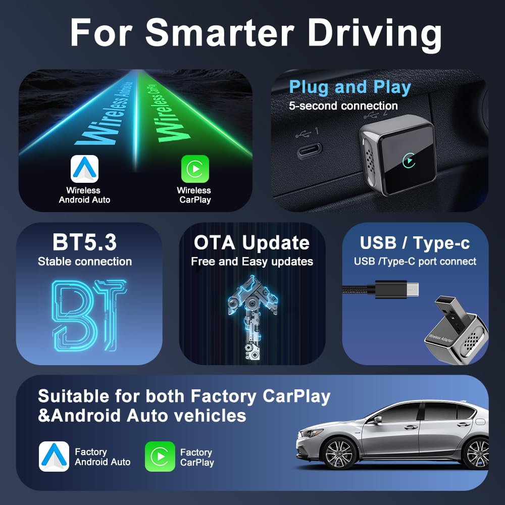 Mini Wireless CarPlay Adapter UK&Android Auto Wireless Adapter UK Plug&Play Car Play Wireless Adapter Fast Convert 5.8GHz WiFi Bluetooth Car Adapter 3–5s Auto Connect USB A&C iOS 10+ Android 10+ — view 5