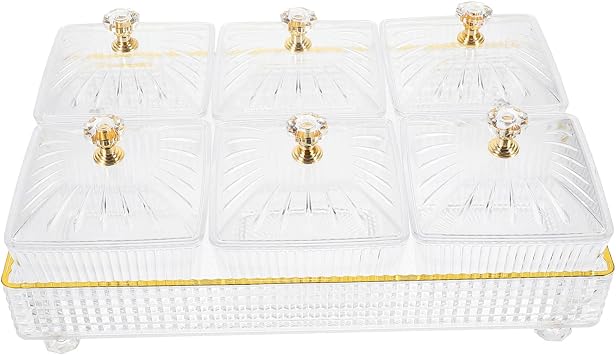 Zerodeko 1 Set of Divided Serving Dishes with Lid Plastic Snack Appetizer Tray Dry Fruit Veggie Bowls with 6 Compartments Relish Tray for Candy Chips Dip Nut Transparent