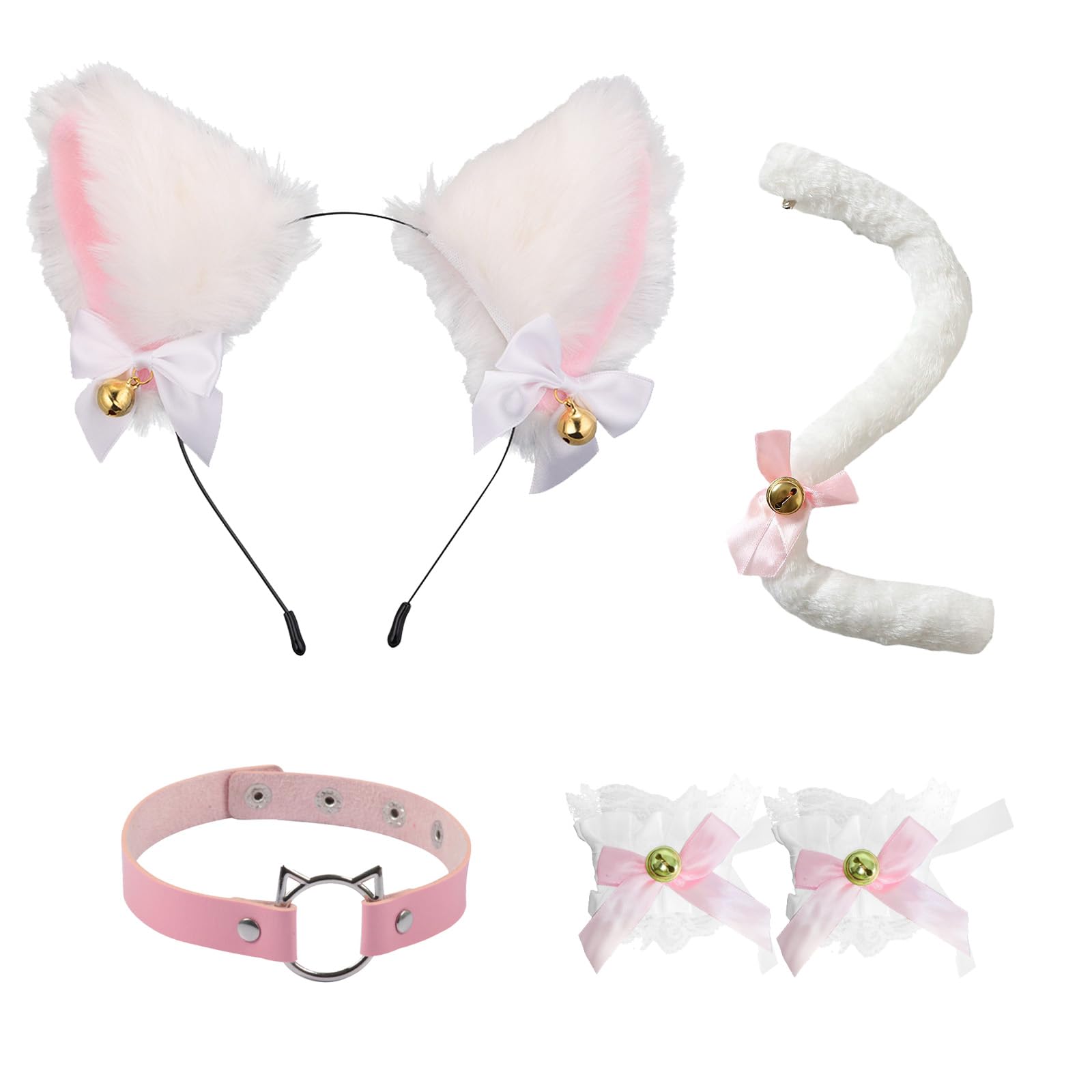 Celebration Directre 4PCS Cat Cosplay Halloween Costume, Furry Cat Ears Headwear Leather Heart Choke Long Tail Hand Circle with Bells for Women Girls Fancy Dress Up