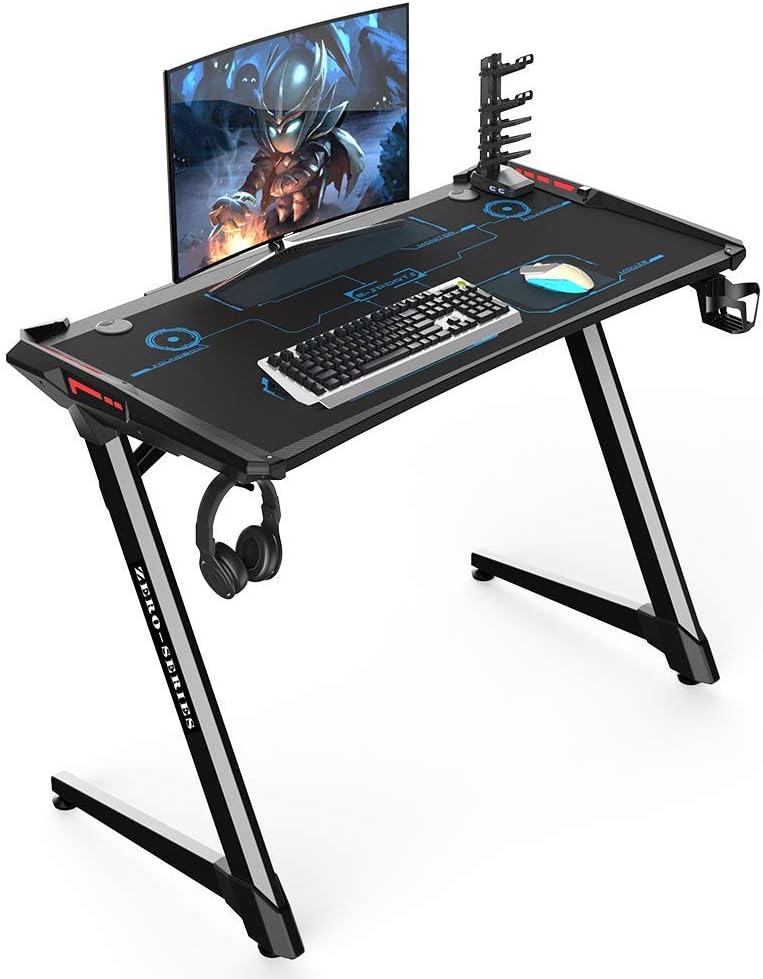 INSORIA Ergonomic Z Shaped Gaming Desk PC Gaming Desk, Computer Gaming Desk Table with Free Mousepad,DVD Shelf and Cupholder (Grey)