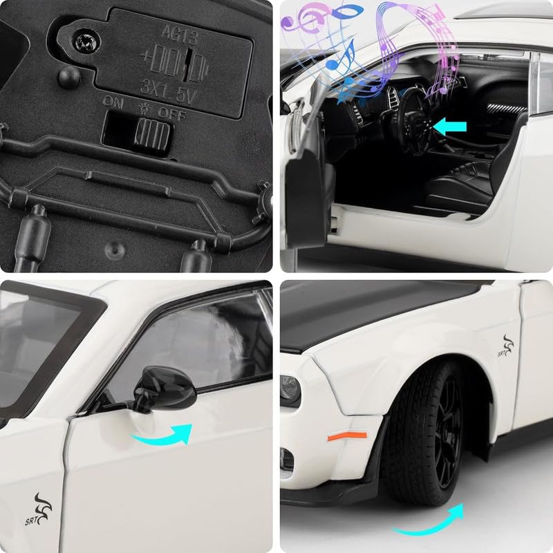 Image of Invite Enterprise 1:24 Dodge Challenger SRT Exclusive Alloy Metal Pull Back Die-cast Car Model with Sound Light Mini Auto Toy for Kids Metal Model Toy Car with Sound and Light(White /Black)
