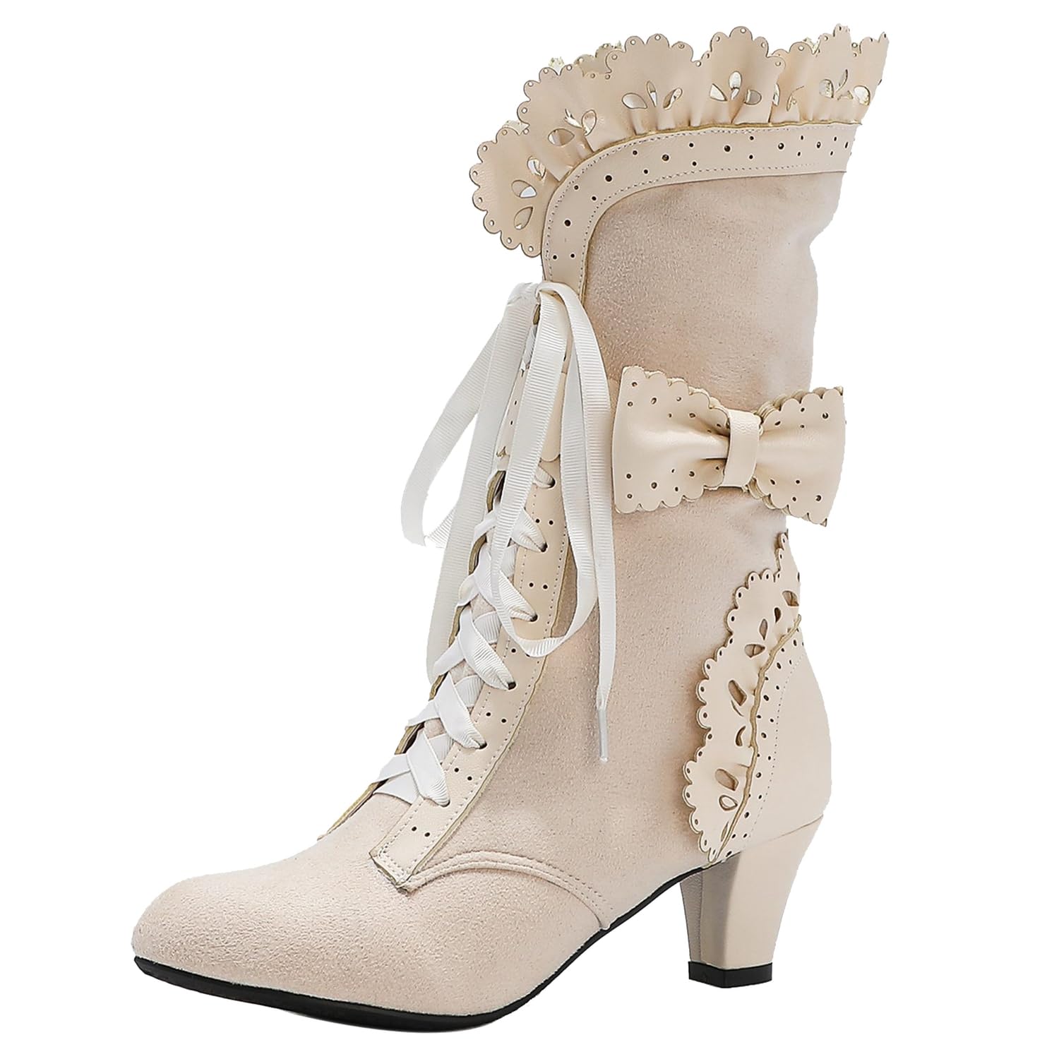 LanreyTaley Women Sweet Bow Boots Mid Heels Lace Up Victorian boots Mid Calf Kawaii Boot