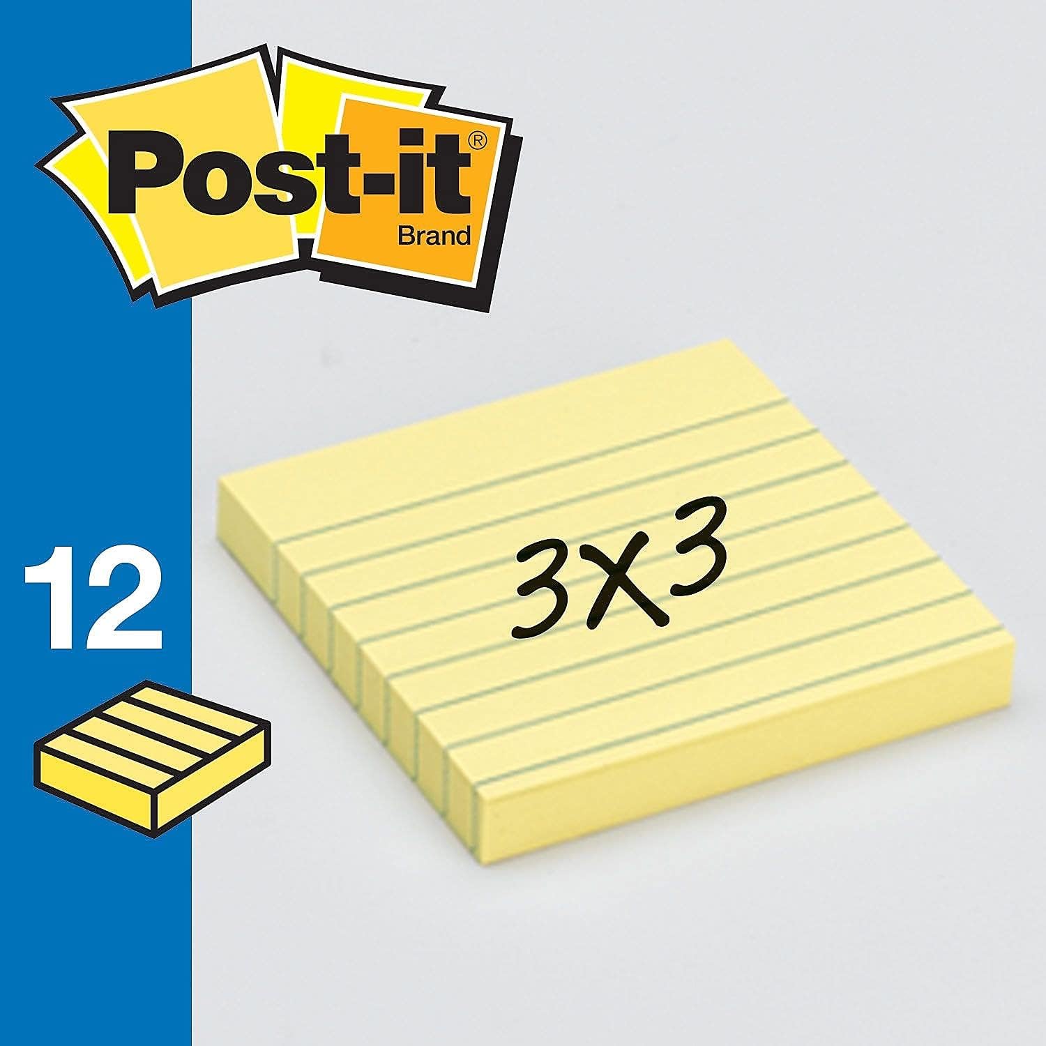 3M 630SS Post-it Notes, Lined, 3-Inch x3-Inch, 100 Sheets/PD, 12/PK, Yellow