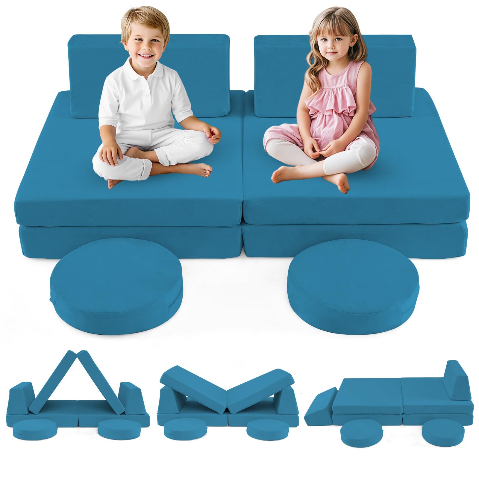 INFANS Modular Kids Play Couch, 6 PCS Toddler Creative Sectional Fort Building Sofa for Playroom, Bedroom, Children Convertible Soft Foam Furniture Playset and Floor Cushion for Boys and Girls (Blue)