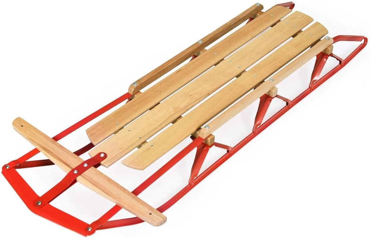 GLACER Wooden Sled, 54 Inches Snow Slider w/Metal Runners & Steering Bar, Sleigh Toboggan Pull Sled for Kids & Adults, Steel & Wood