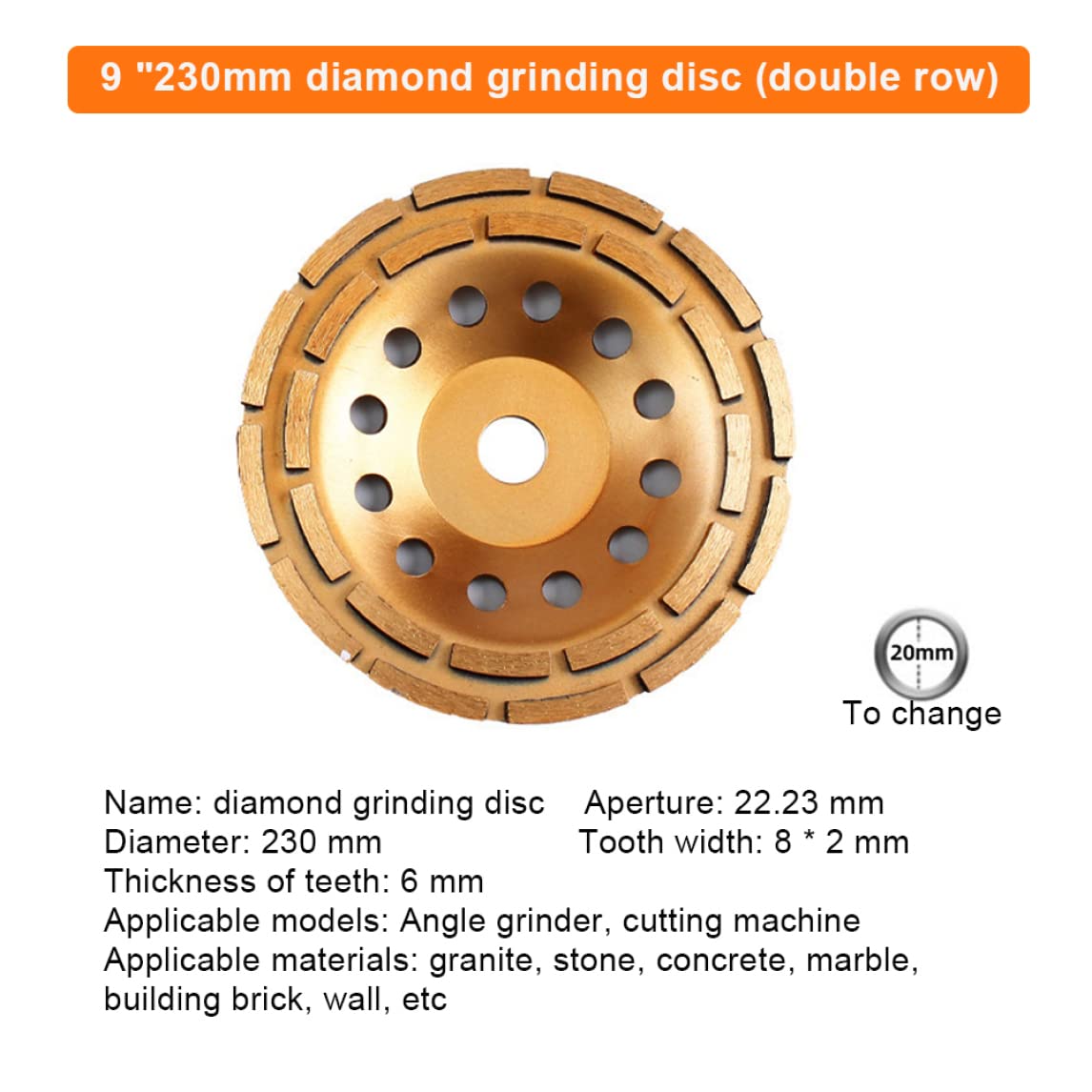 Disco de pulido para amoladora de piedra de hormigón de diamante abrasivo de doble hilera de 230 mm Muela de copa.