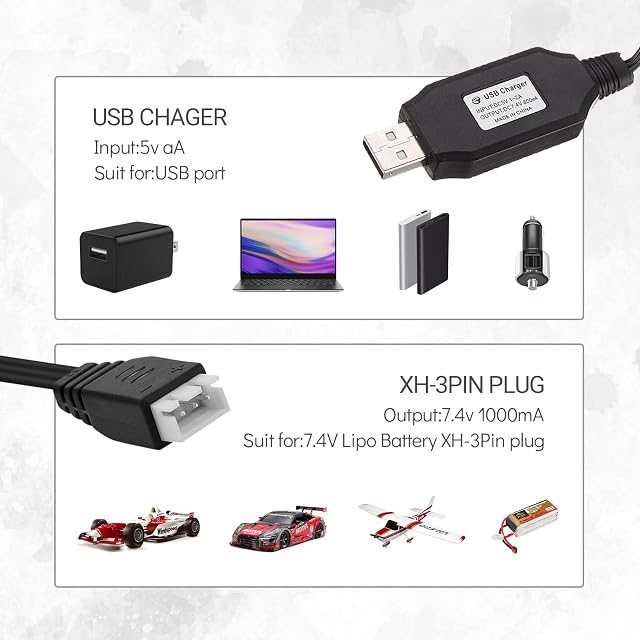 Foto 7 de 7 de RUIZHI 2pcs Cable Cargador USB, 7.4v 1000mA Cable Cargador USB Charger Cable con Conector XH-3P SCX24 RC Car