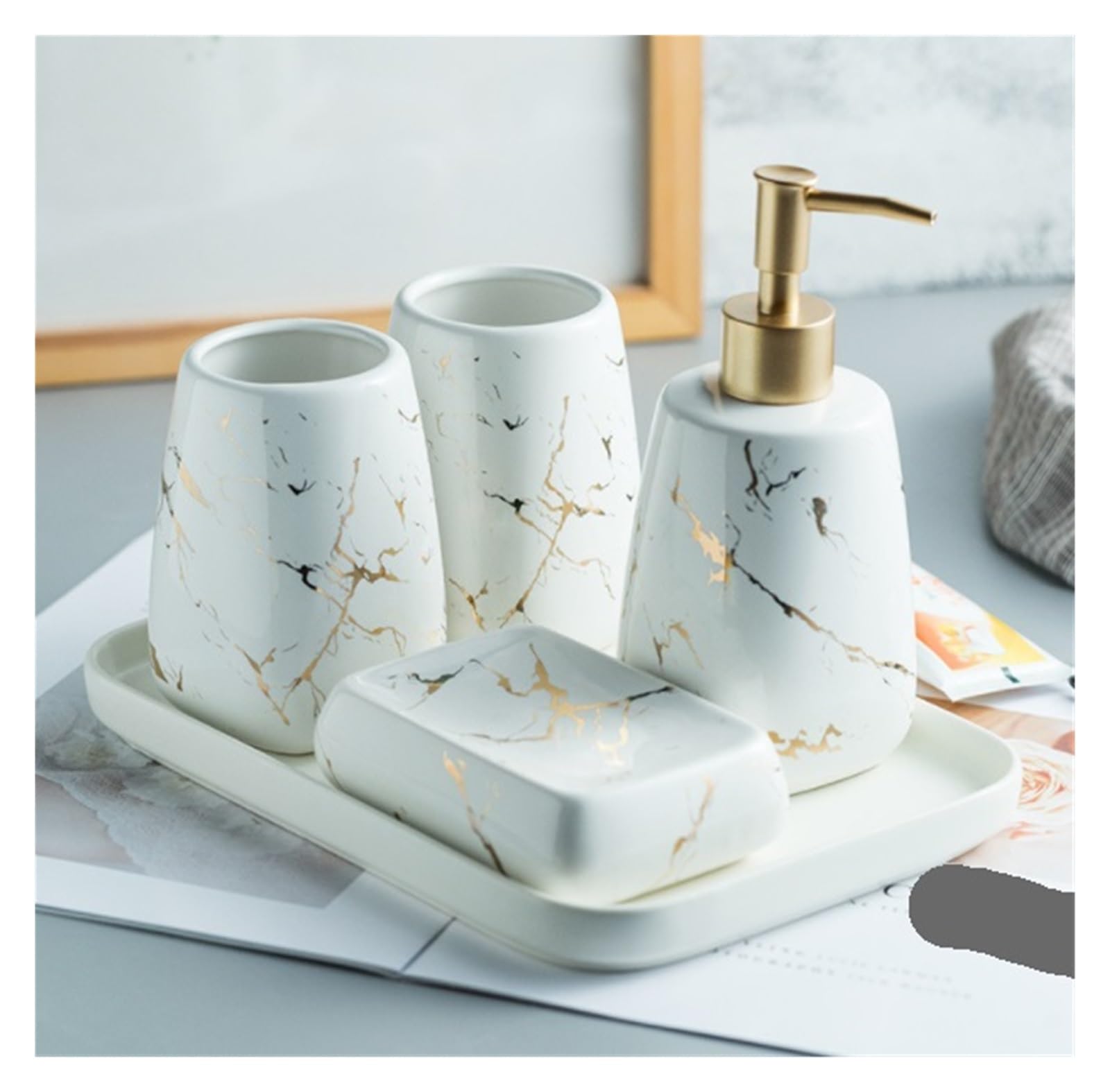 Zestaw dozowników do mydła do łazienki 5-częściowy Zestaw Akcesoriów Łazienkowych Ceramiczny Wzór Marmuru Dozownik Mydła Gospodarstwo Domowe Łazienka Kubek Do Płukania Ust akcesoria łazienkowe(White)
