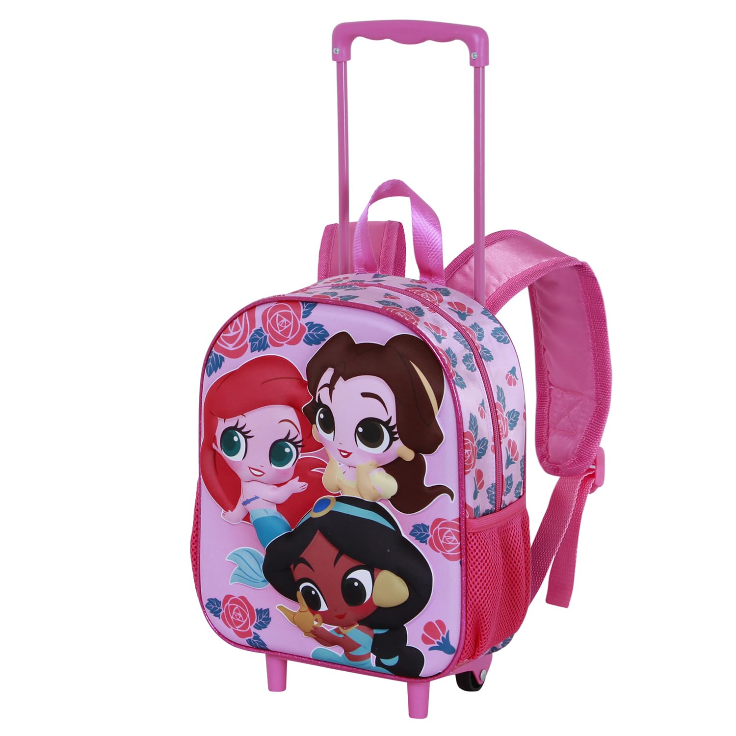 Disney Princess Flowers-Small 3D Backpack with Wheels, Pink, 26 x 34 cm, Capacity 7 L