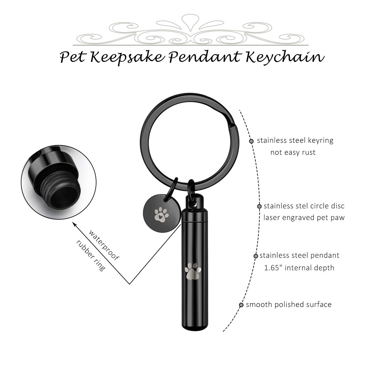 Personalized Master Free Engraving Custom Pet Dog Paw Cylinder Cremation Urn Keychain Keepsake Memorial Ashes Jewelry Black