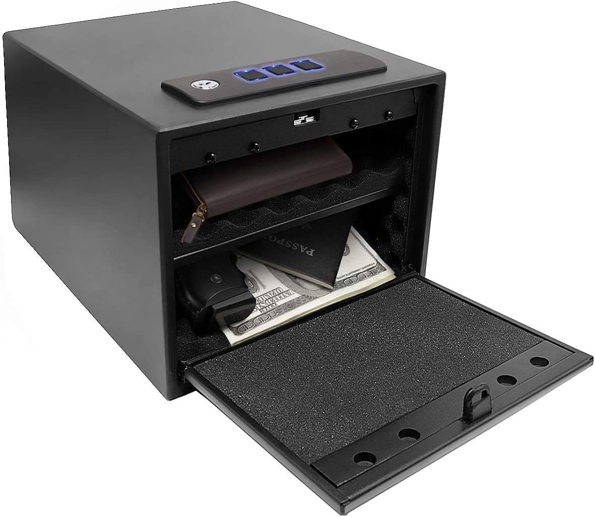 Gun Safe for Handgun with Quick Access Auto Open, Silent Mode, Full Foam Lining, Pistol Safe with Removable Shelf for Nightstand Home Bedside Car Office Use up to 4 Pistols 12"D x 10"W x 7.9"H-Keypad