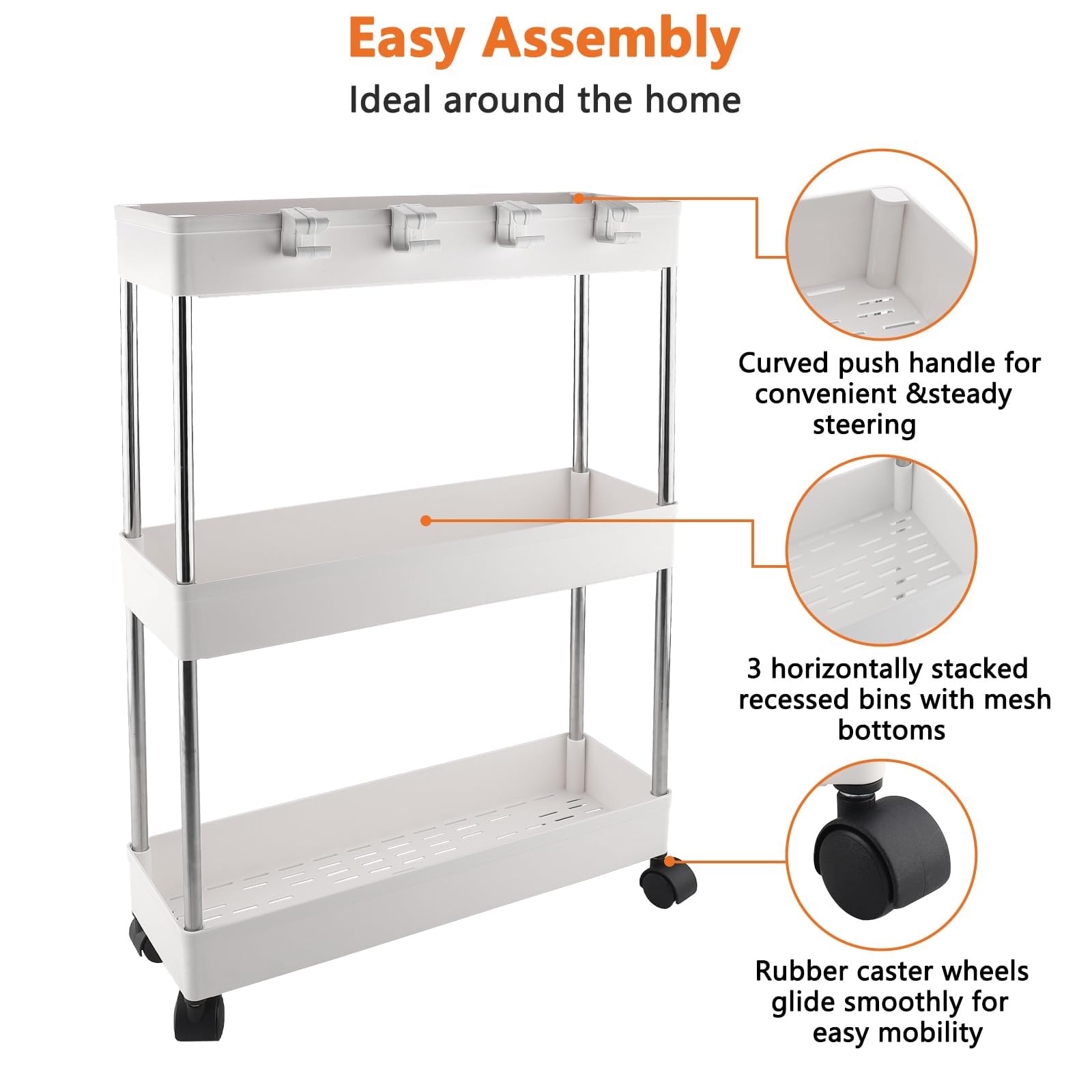 Foymlon Carrito de Almacenamiento, Carro Auxiliar con Ruedas giratorias de 360° para Baño, Cocina u Oficina, Lavadero, Dormitorio, Comedor Sala (Blanco) — view 4