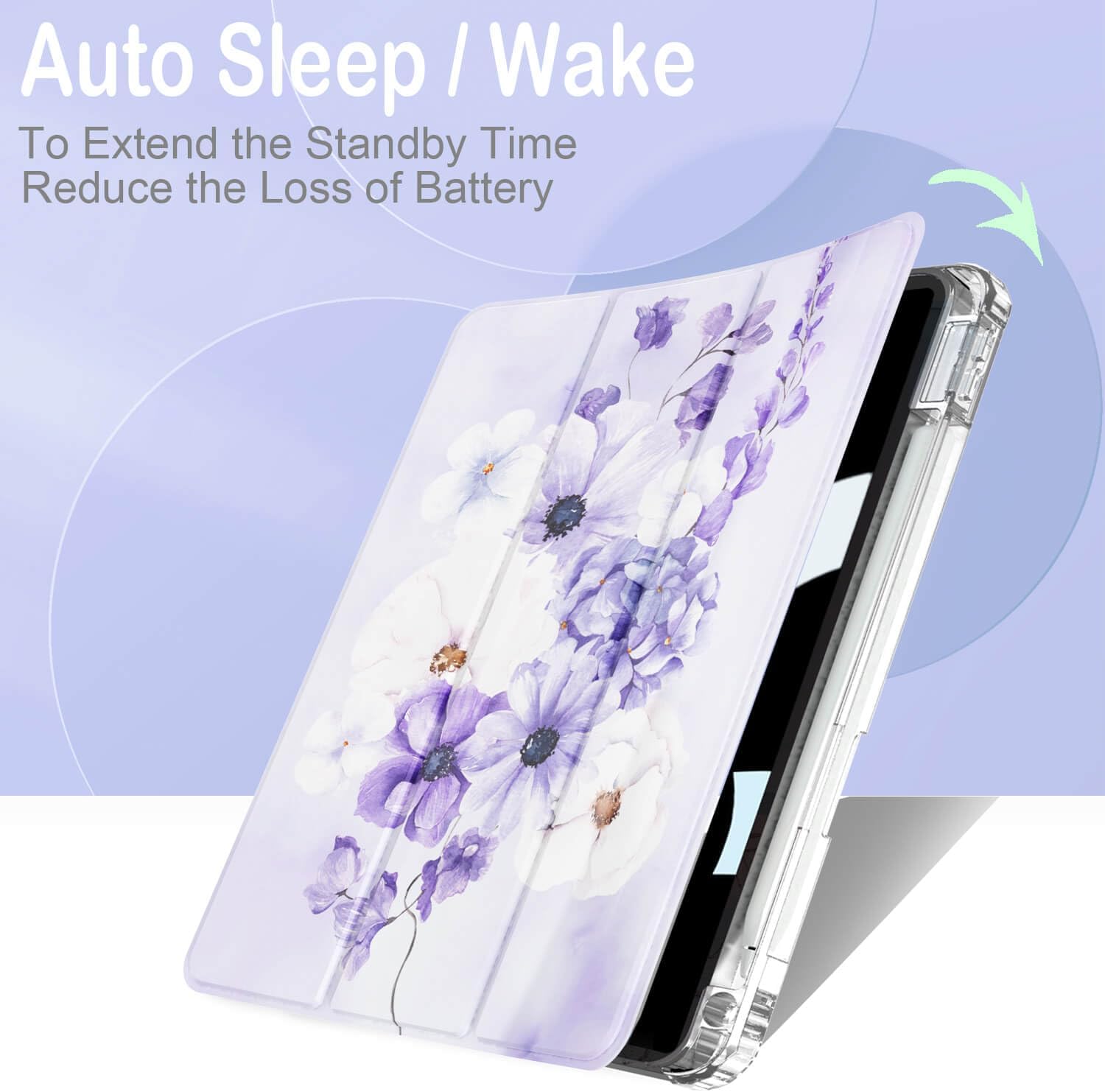 Feams Slim Case for iPad Air 11-inch M4/M3/M2 (2026/2025/2024), iPad Air 5th/4th Generation (2022/2020) 10.9 Inch Case Clear Back with Pencil Holder & Auto Sleep, Purple Bouquet