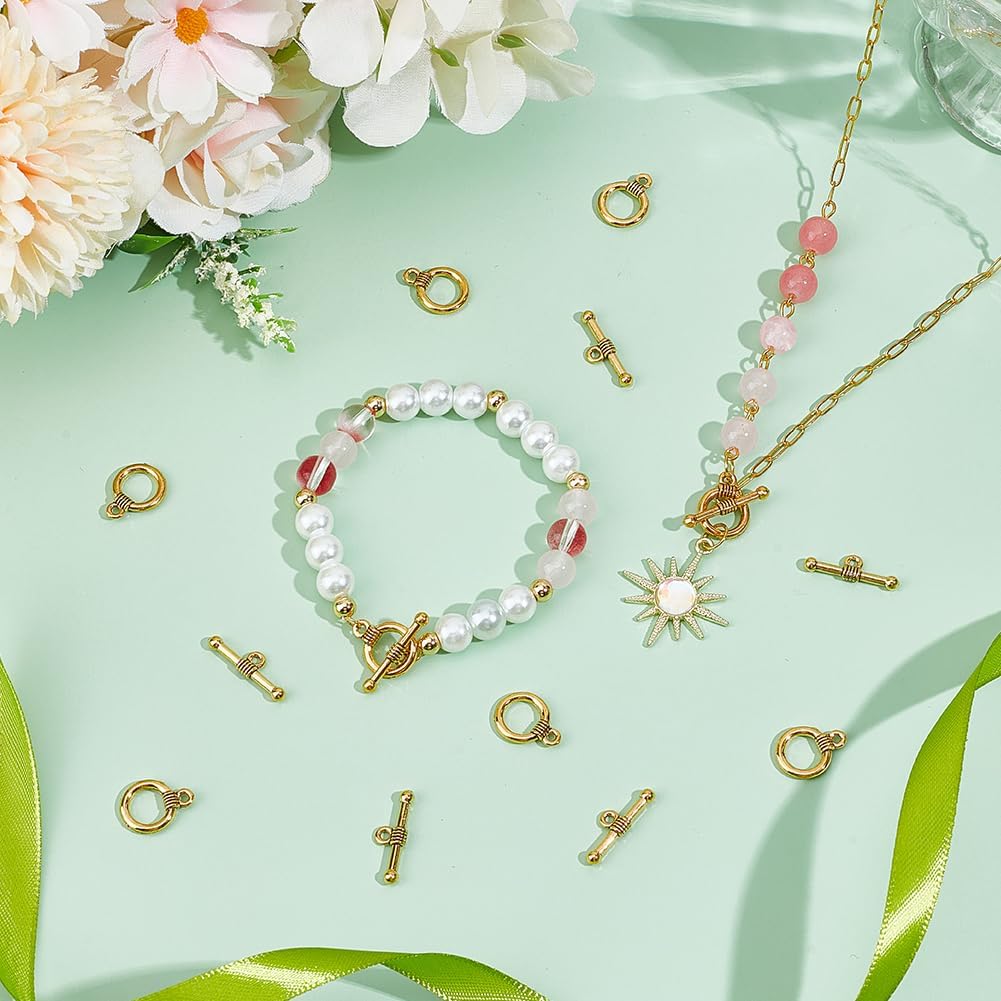 1 Box 120 Sets Gold Toggle Clasps Toggle Jewelry Clasps Antique Gold Tibetan Style Alloy Metal Ot Clip Bulk Round t Bar Bracelet Closure Connectors for Jewelry Crafting Making Accessories - Image 3