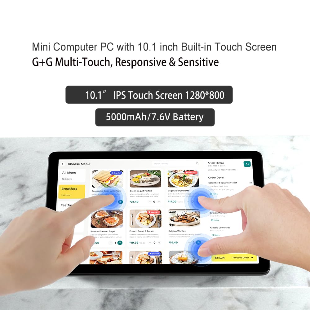 Mini PC Computadora Táctil 10.1 Pulgadas N5095 Win 11 Pro 8GB RAM 128GB ROM Batería 5000 mAh Dual 4K HDMI Type-C WiFi5 BT5.0 RS232