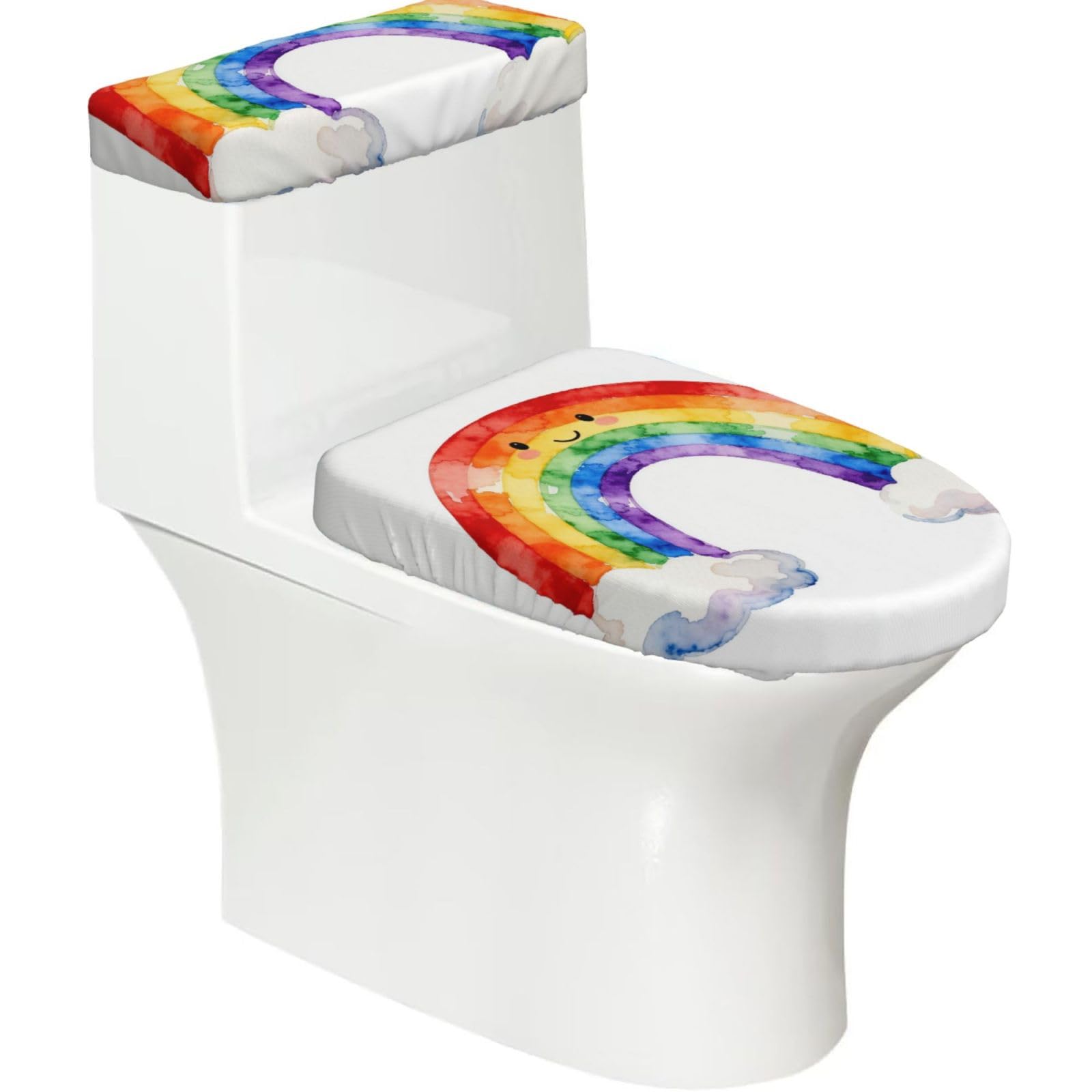 Smiling Rainbow Elastic Toilet Cover Set of 2-Stretchy Lid and Tank Covers for Bathroom, Soft Washable U Shape Toilet Decor