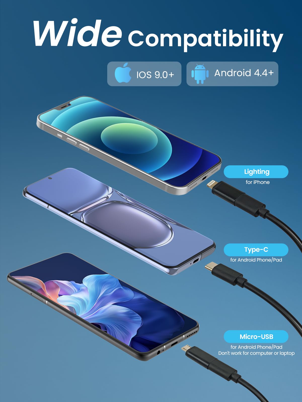 1920P HD Endoskopkamera, HD Endoskop-Kamera mit 8 LEDs Licht Ip67 Wasserdichtes 2 in 1für Android und iOS Smartphone, iPhone, iPad, Samsung Plug-and-Play