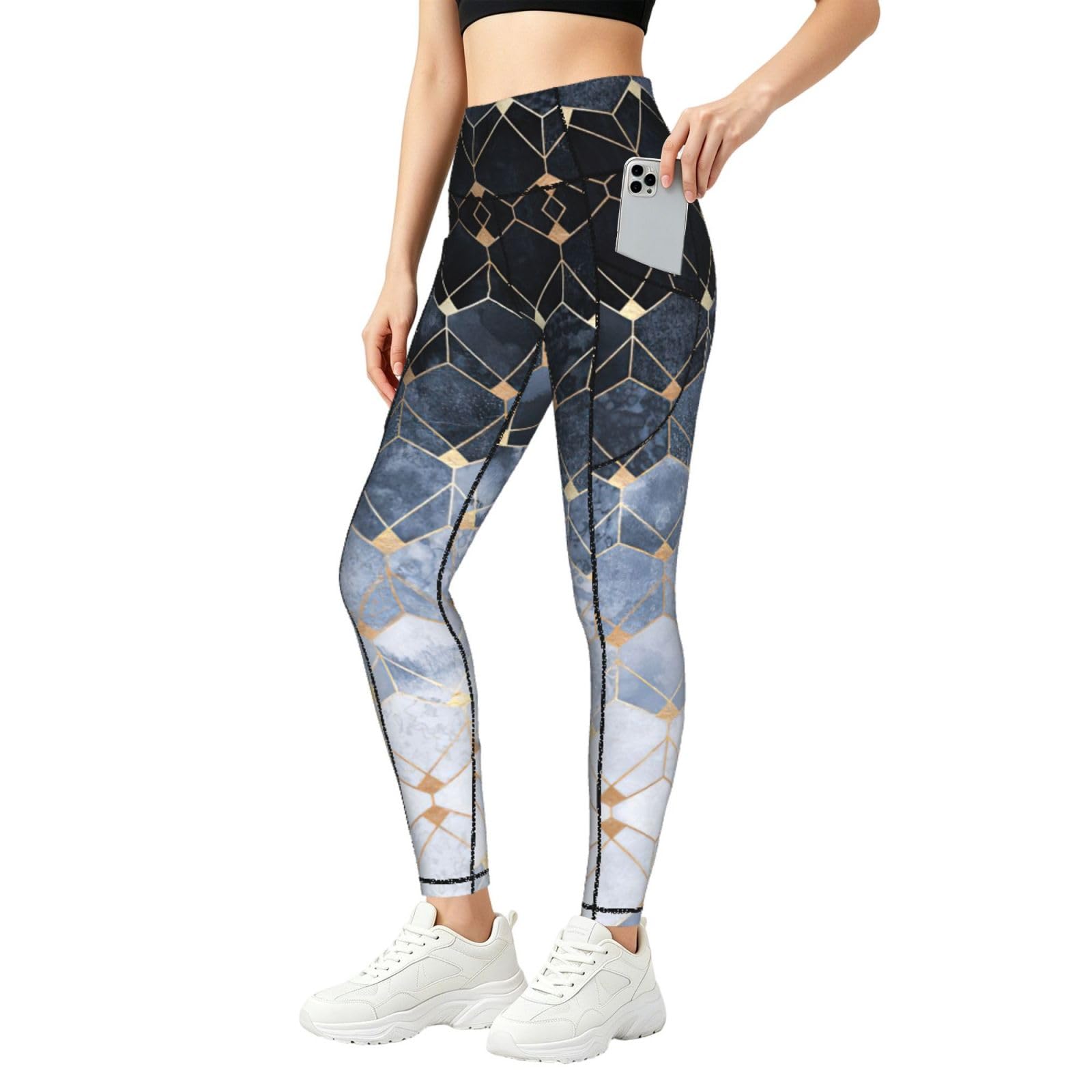 Leggings con bolsillos y estampado geométrico de hexágonos azules 8