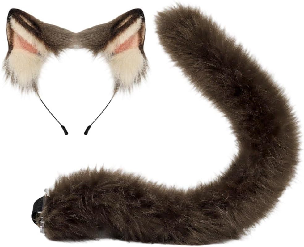 Sanfly Animal Headband Plush Tail Set 2pcs Animal Cosplay Costume Set Black Cat Ears Headband Tail for Halloween Carnival Cosplay