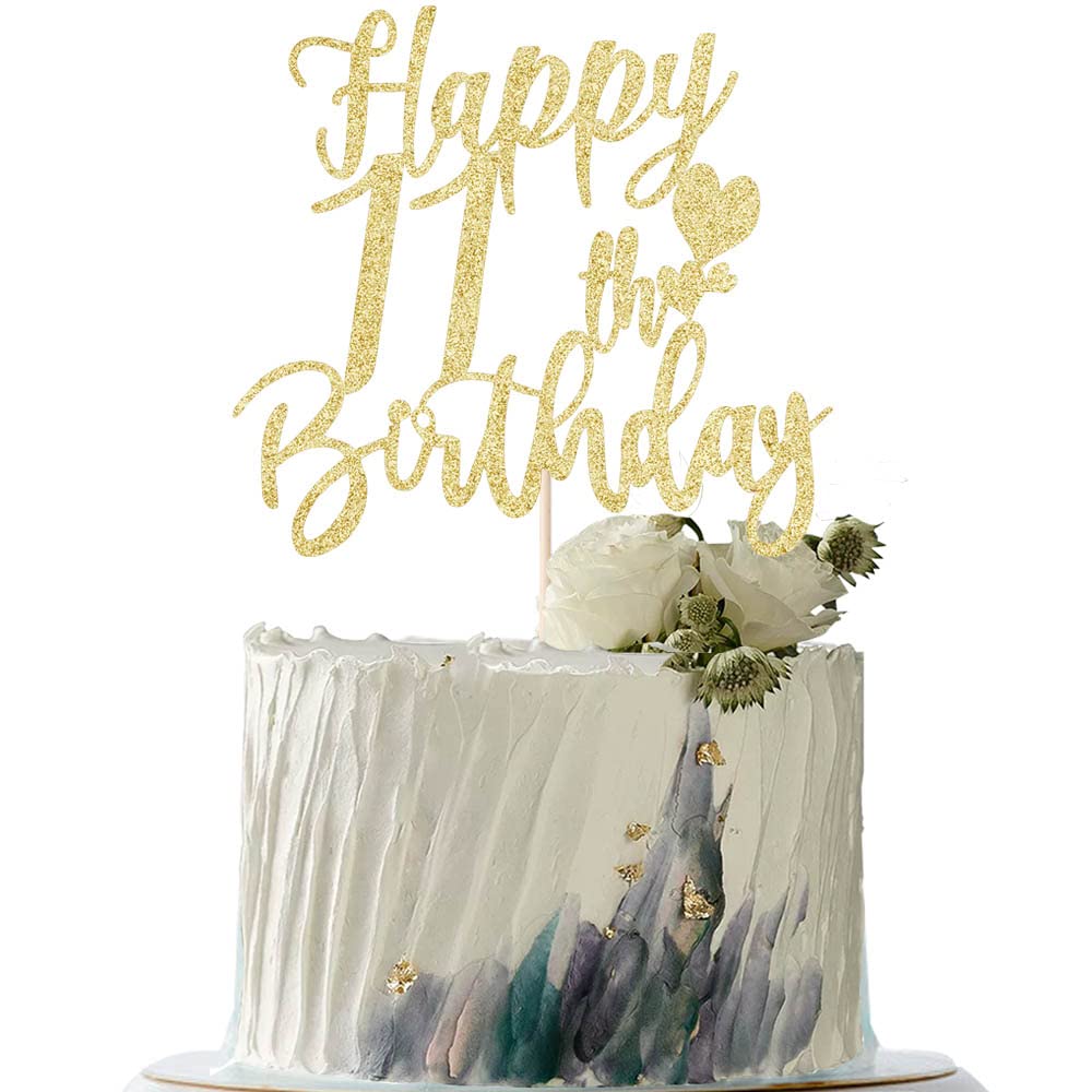 YUINYO 11th Handmade Glitter happy birthday Cake Topper, Cheers to 11th birthday Cake Bunting Decor,Eleven Birthday Party Decoration Supplies (Gold) (