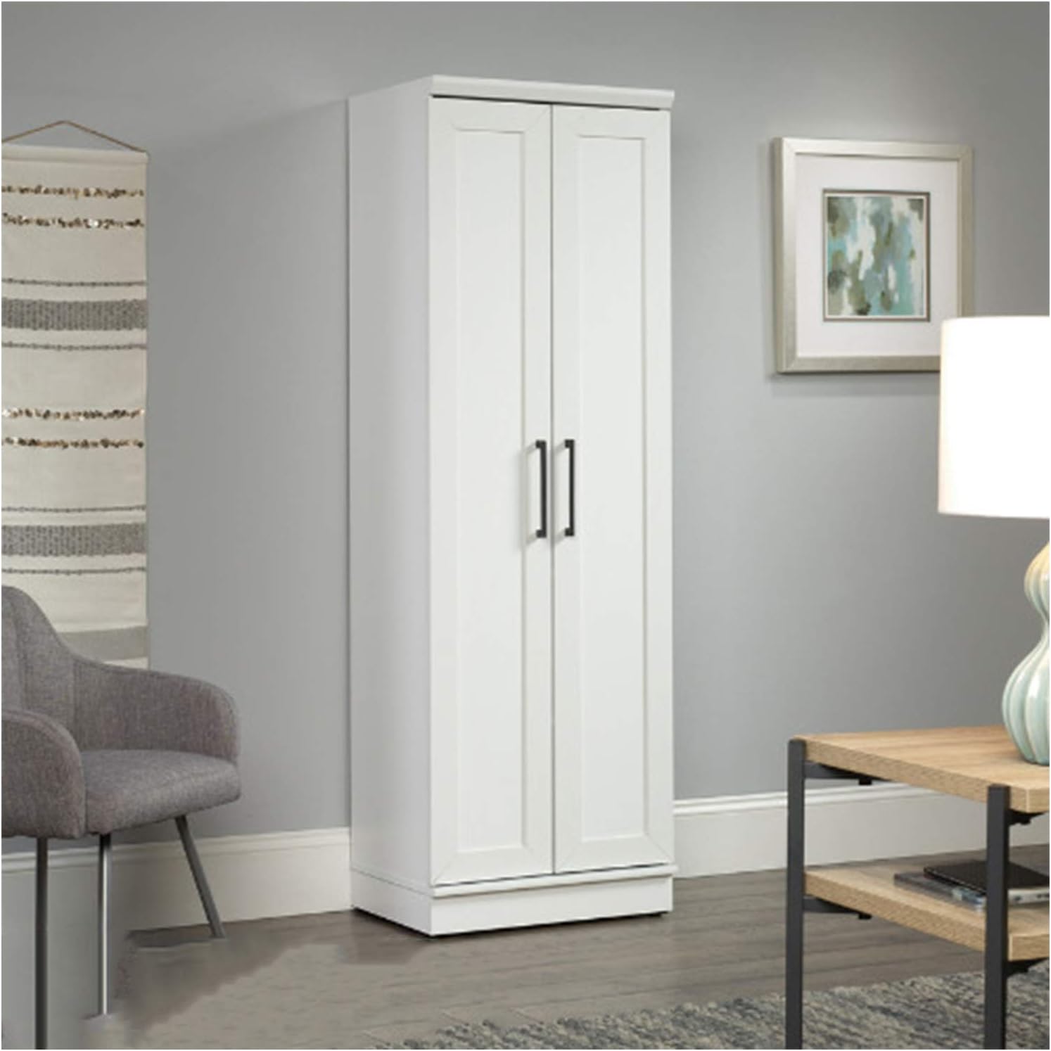 White 2 Door Style Contemporary Kitchen Pantry Cabinet Organizer Tall Storage Cupboard Ample Shelves Home Office Utility Drawer Furniture Towel Shelf Wood 23.31"L x 17.01"W x 71.18"H