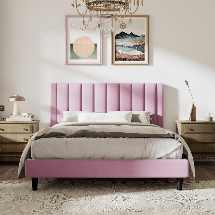 Image of HITHOS Modern Upholstered Queen Size Bed with Wingback Headboard | Wooden Double Bed Cot Palang Without Storage for Living Room Bedroom Home (Pink) 1 Year Warranty