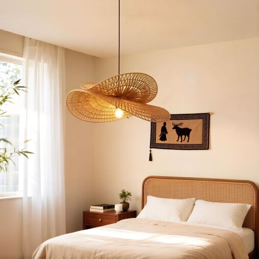 Lampada A Sospensione In Rattan Lampada Boho Vintage Lampada Rustica Sala Da Pranzo Paralume Rattan Intrecciato A Mano Altezza Regolabile Fino A 150 Cm Soggiorno Camera Cucina(Doppio,50cm)