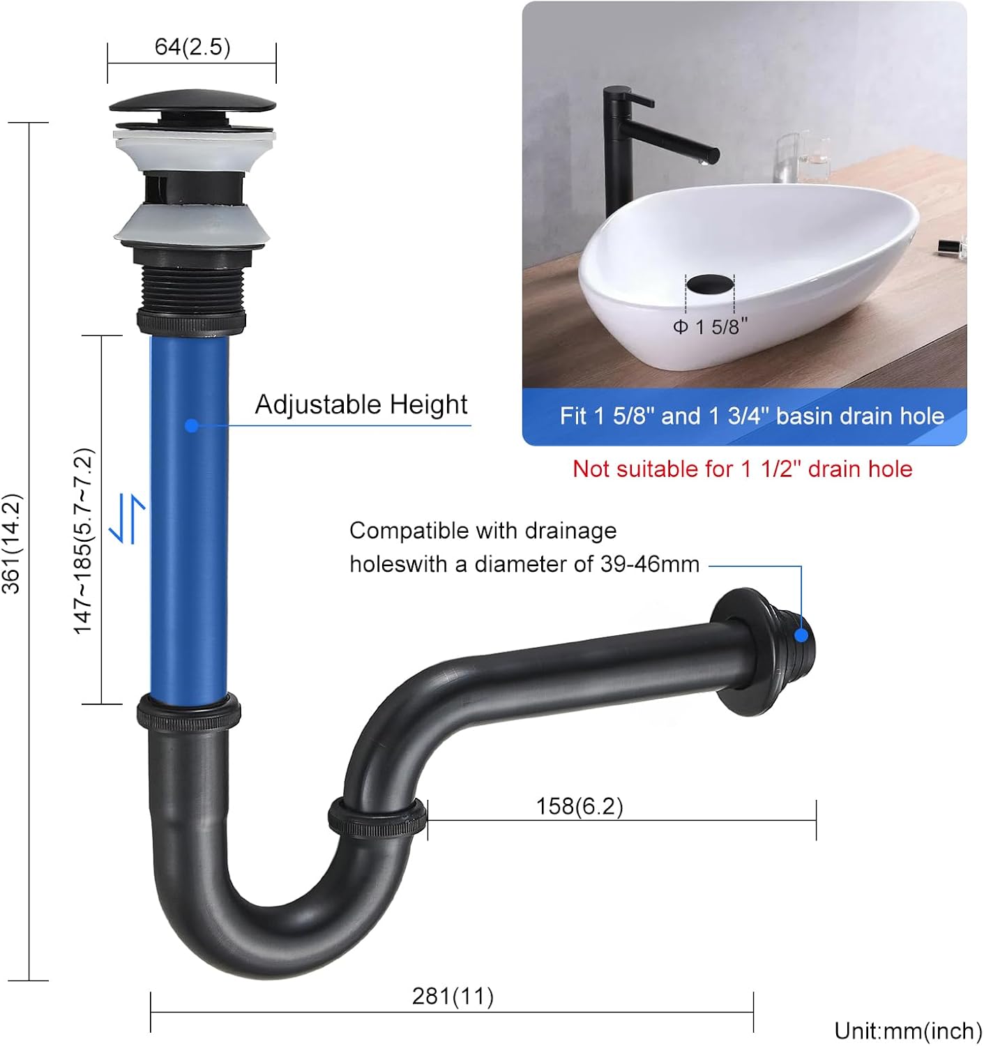 MENATT Stainless Steel P Trap with Bathroom Sink Stopper, 1-1/4 Sink Drain Bottle Trap Set with Overflow - Adjustable Height,Complete Basin Sink Plumbing Kit for Pipe Replacement, Oil Rubbed Bronze