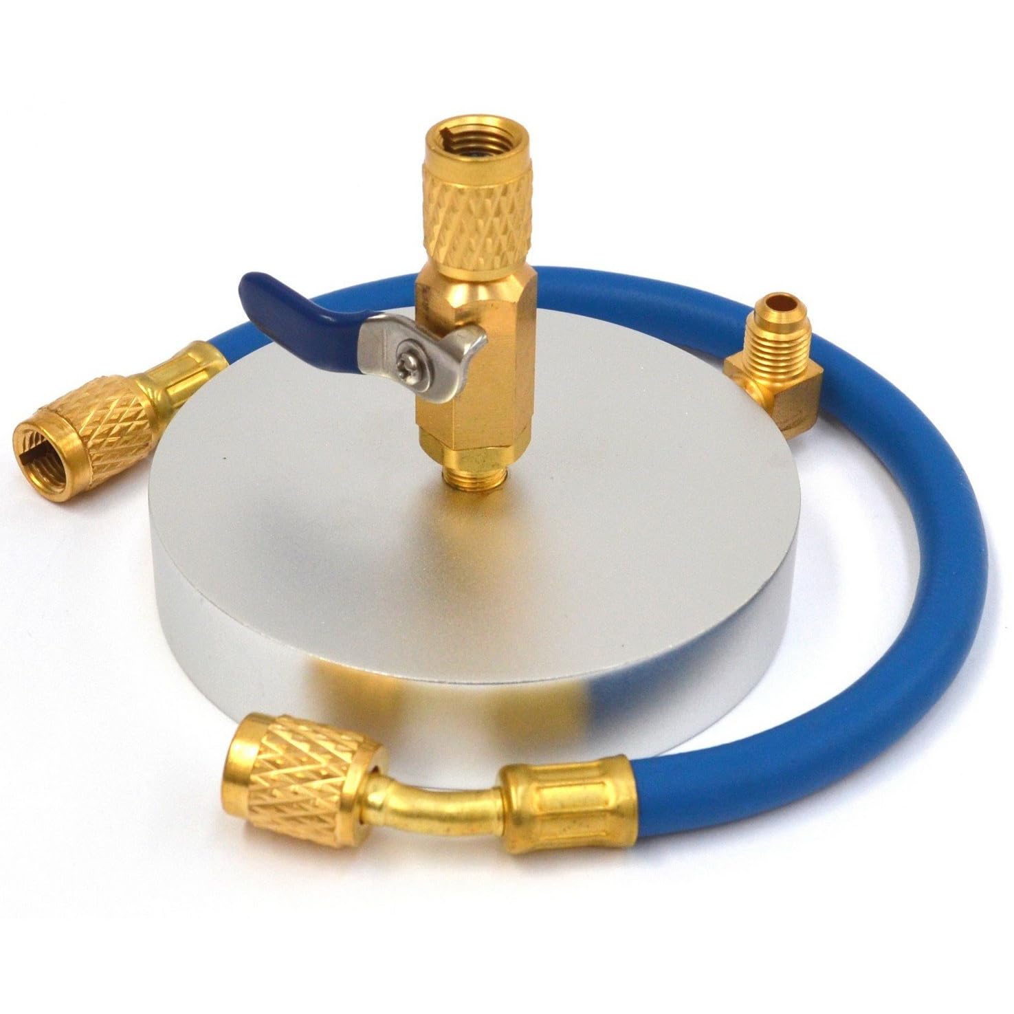 3S SuperSamaStore Halter für Kältemittel-Gasflaschen 1 kg, Professionelle Aufsatzplatte mit 1/4"-SAE-Anschluss, Kugelhahn und 30-cm-Schlauch 1/4" x 1/4" SAE, Kompatibel mit R407 R22 R134, Messing