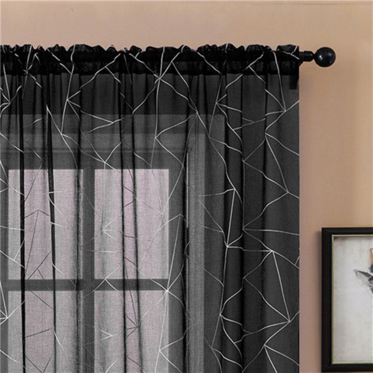 Rideaux géométriques de style nordique pour le salon rideaux transparents modernes pour la décoration de rideau de fenêtre de chambre à coucher en mousseline de soie-noir,w300cm x 250cm,bande plissé