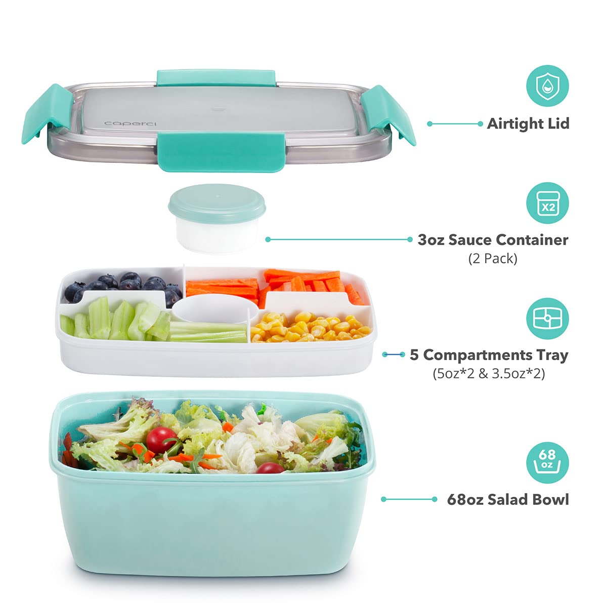Caperci Boîte à déjeuner bento robuste avec poche de glace pour adultes et grands enfants – Peut contenir 5,5 tasses – Boîte à déjeuner étanche à 3 compartiments – Passe au micro-ondes/lave-vaisselle