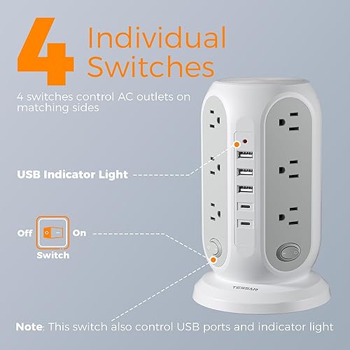 Miniatura 5 de TESSAN Regleta de alimentación de torre con interruptores individuales, protector de sobretensiones con 12 tomas, 5 puertos USB (2 USB C), cable de