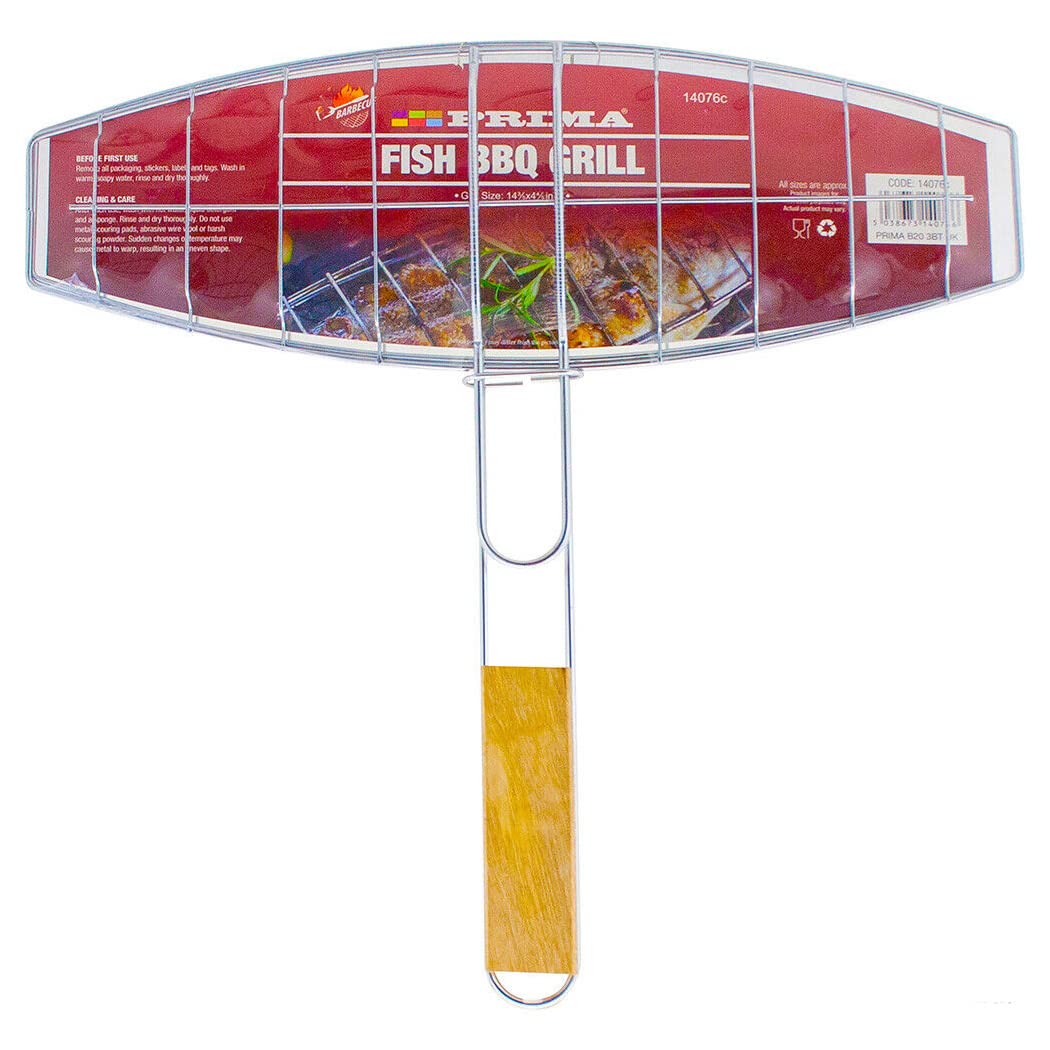 BARGAINS-GALORE Long Handle Handheld Bbq Fish Grill - Heavy Duty Wired Grilling Accessory, Non Slip Wooden Handle, Cooking, Outdoor, Tool | Suitable For Barbecue Parties | Durable & Long Lasting