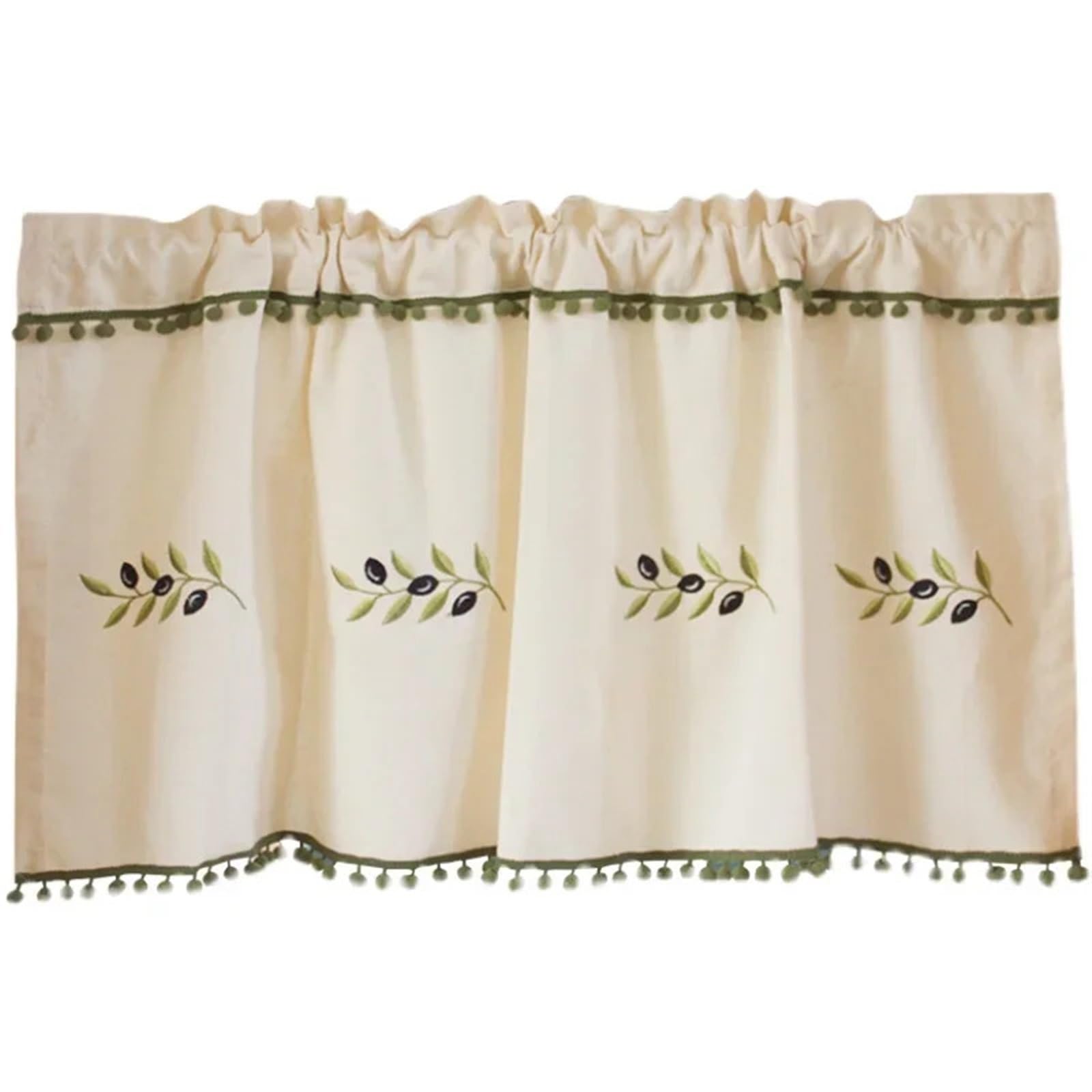 YGSGJSP Cabinet Curtains Cabinet Curtains Pastoral Olive Leaf Embroidery Short Curtain for Door Cupboard With Green Tassel Ball Bottom Kitchen for Kitchen(W260CM X H70CM(1PC))