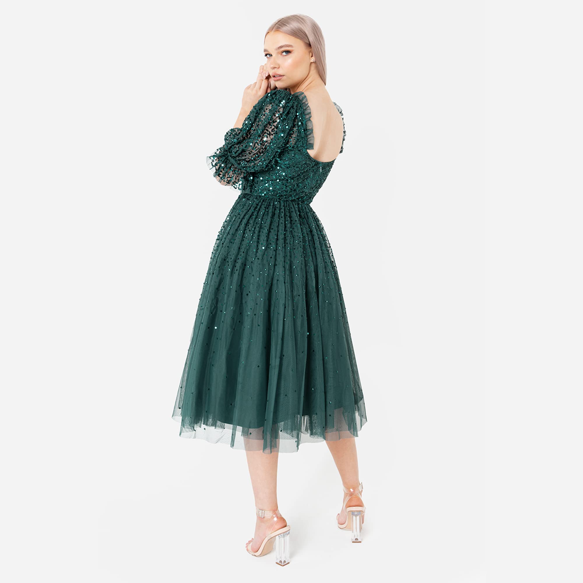 Maya Deluxe Damska sukienka damska midi sequin Embellished Frilly Sweetheart Neckline Puffed Sleeves For Wedding Guest Prom Evening Dress Women, Zielona, 46