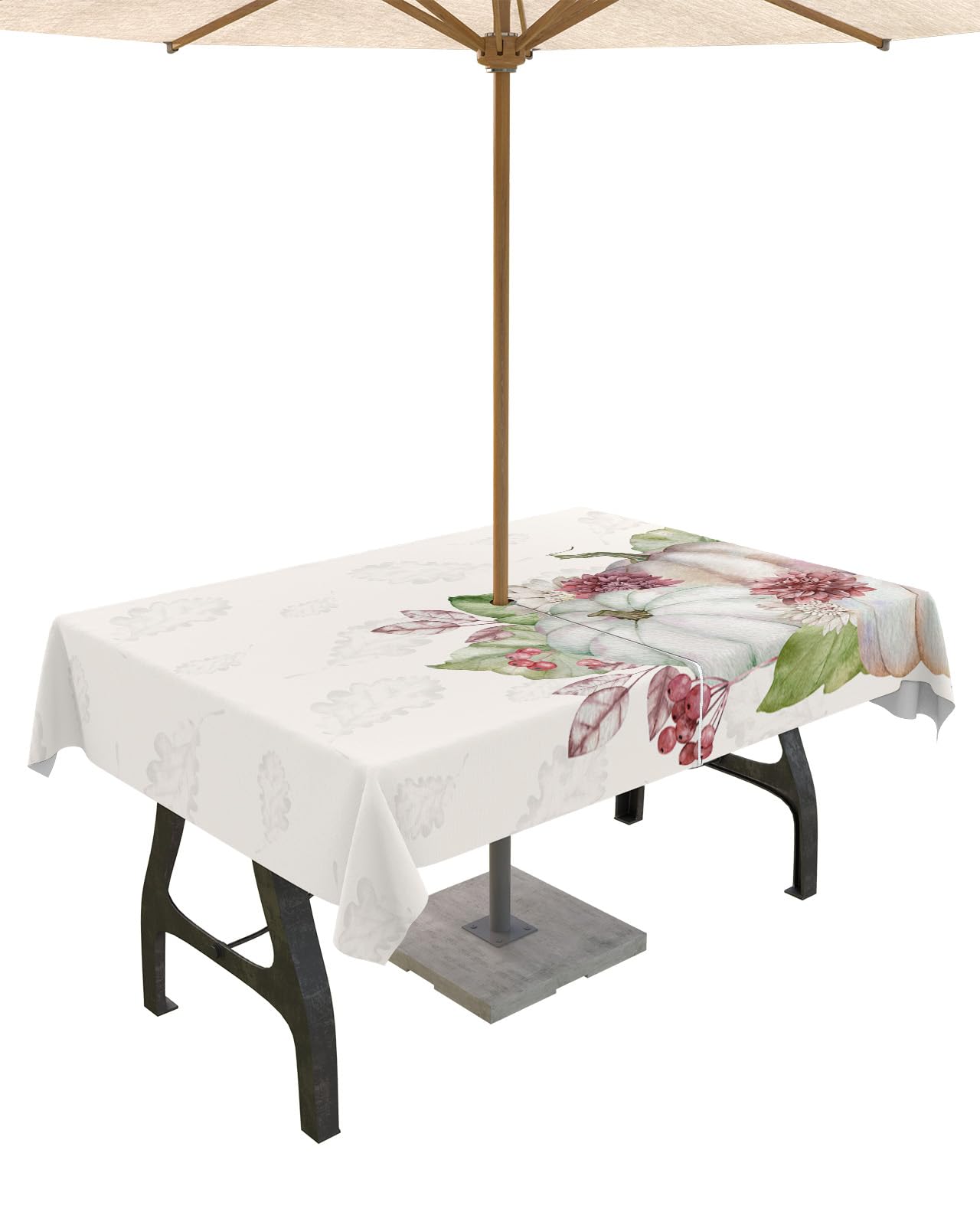 Fall Pumpkin Outdoor Tablecloths with Umbrella Hole and Zipper, Rustic Maple Leaves Autumn Flowers Waterproof/Stain Resistant Rectangle Table Cloth 60x102 Patio Table Cover for Picnic/Party