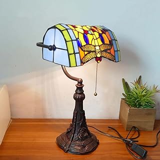 Tiffany Style Bankers Table Lamp Vintage Stained Glass Desk Lamp with Base Antique Crystal Beads Bedside Lamp for Living Room Bedroom Office Home Decoration,F