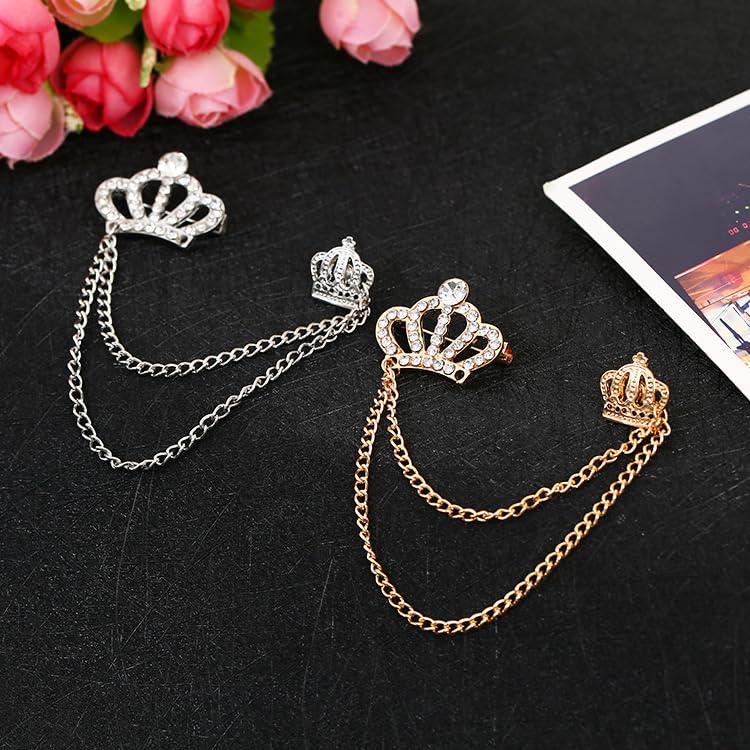 Image of coadipress Crown With Hanging Chain Brooch for Women Men Elegant Gentlemen Gold Silver Crystal Crown Lapel Pin Vintage Rhinestone Wedding Brooch Suit Shirt Pin Accessories