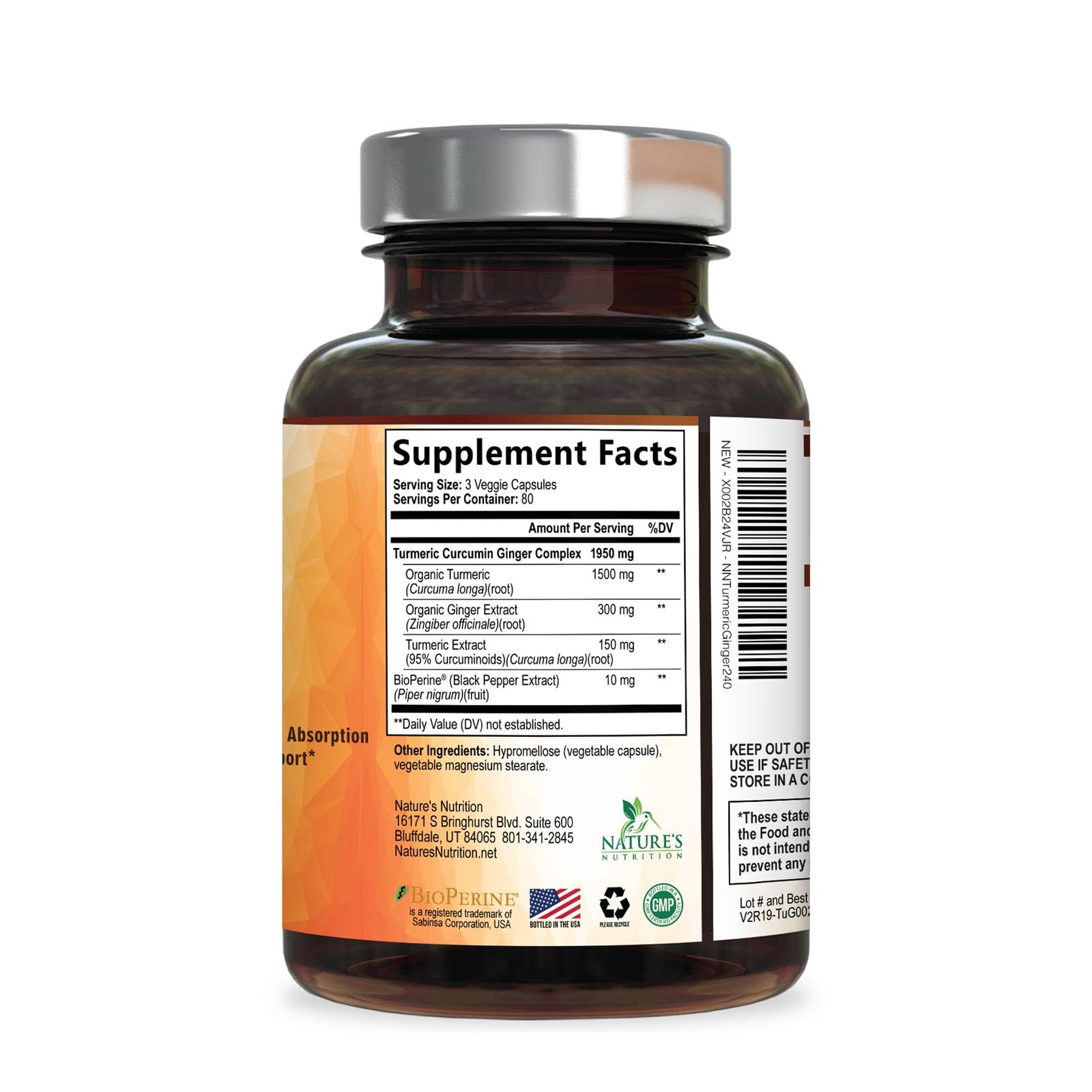 Turmeric Curcumin Supplement - 95% Curcuminoids with Organic Turmeric & Ginger, BioPerine Black Pepper Extract for Best Absorption, Natural Vegan Joint Support, Non-GMO, Bottled in USA - 240 Capsules — Amazon image 9