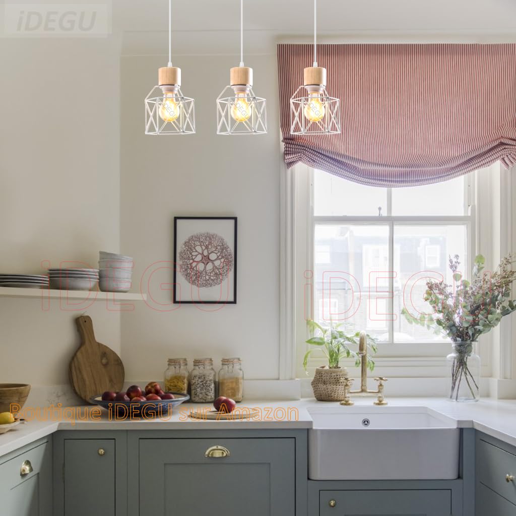iDEGU 3 Luci Lampadario a Sospensione Vintage E27 Plafoniera Industriale in Legno Metallo Gabbia Lampada da Soffitto Retrò Lampade a Sospensione per Cucina Salotto Cameretta (Bianco, Legno, Barra)