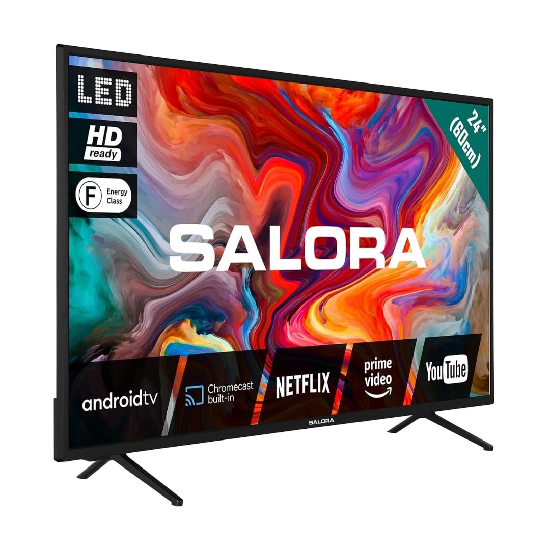 SALORA SMART24TV – Smart TV da 24 Pollici con Android – Display LED, HD Ready, Chromecast Integrato, Dolby Audio, Wi-Fi, Bluetooth, 3x HDMI – TV Compatta Ideale per Casa o Cucina