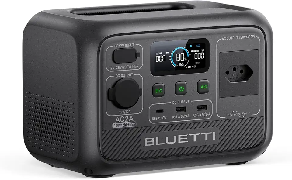 BLUETTI AC2A Gerador de Energia Solar, Bateria LiFePO4 de 204Wh com 1 Saída CA 220V / 300W (600W Power Lifting), Recarga de 0-80% em 30 Min, Estação de Energia para Camping, Viagens
