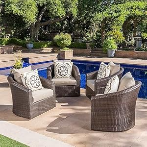 Gdfstudio outdoor aluminum framed mix brown wicker swivel club chair with water resistant cushions set o f4 mix khaki  urban country home decor