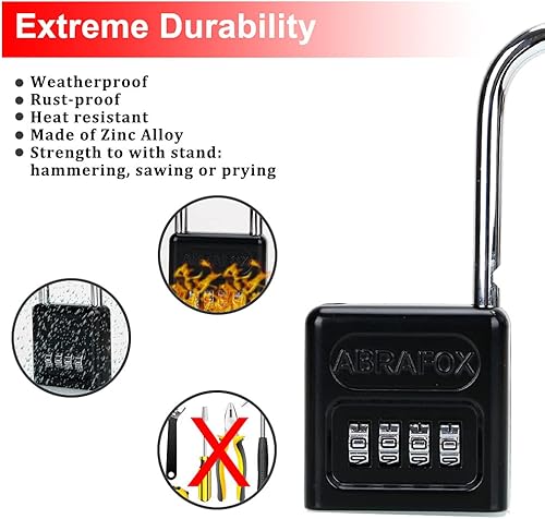 Miniatura 5 de ABRAFOX - Candado de combinación de 4 dígitos de alta resistencia con grillete largo, color negro, paquete de 2