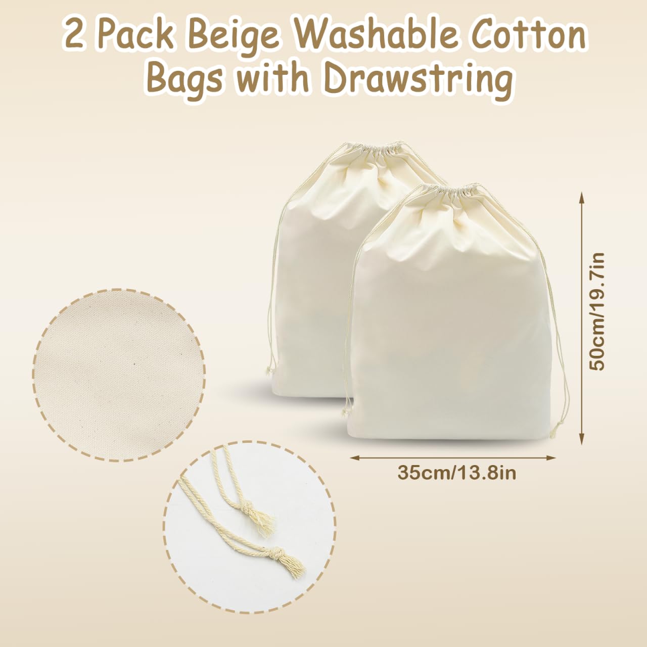 Lot de 2 sacs à linge en toile de coton avec poignées et cordon de serrage