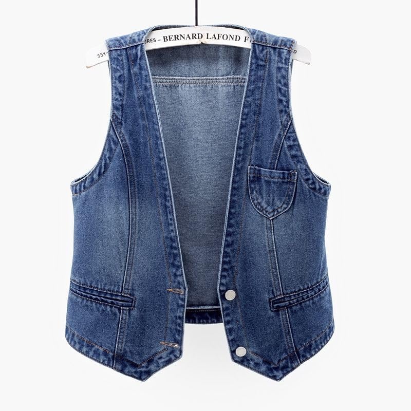HDIJDY Gilet Jeans Donna,Gilet Donna Taglie Forti Estate Casual Canottiere Senza Maniche Scollo A V Giacca Di Jeans Da Donna Lavata Monopetto Jeans Gilet Dame Blu Scuro L